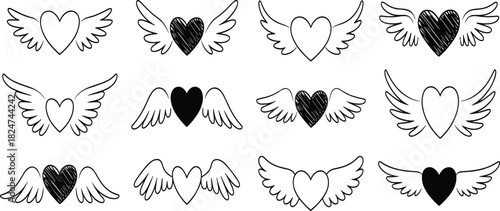 Set of twelve black and white flying heart icons with angel wings, romantic love symbol illustration, vector line art design collection