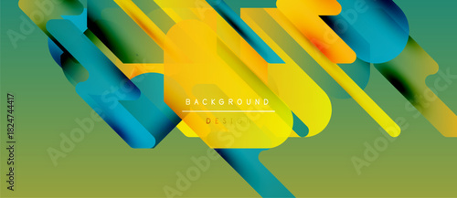 Abstract design features vibrant overlapping shapes. Yellow, teal, green hues create dynamic visual effect. Modern background texture.