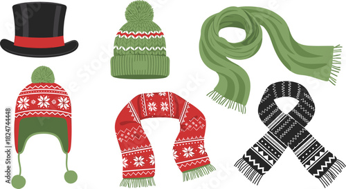 Winter Hats and Scarves Set, Christmas Nordic Pattern, Knitted Cap, Ear Flap Hat, Top Hat, Cold Weather Accessories, Vector Apparel