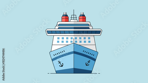 Front view of a cruise ship with a light blue hull and white superstructure on a light blue background.