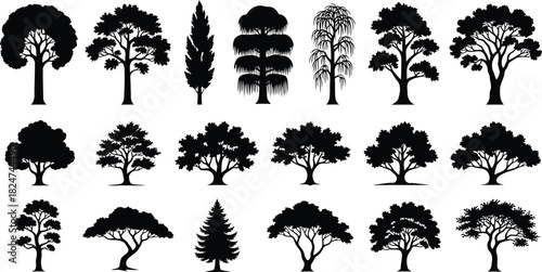 Elegant tree silhouettes collection originally crafted as a scalable graphic for landscape design concepts