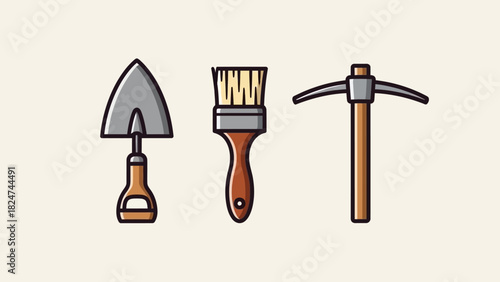 Illustration of a trowel, paintbrush, and pickaxe on a beige background.