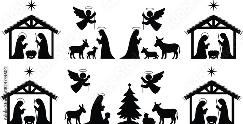 Christmas nativity scene black silhouette set with holy family angels animals and star of Bethlehem vector illustration.