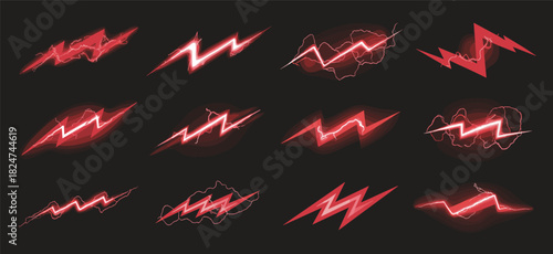Set of twelve glowing red electric lightning bolt icons with neon energy effect, isolated on dark background for futuristic design