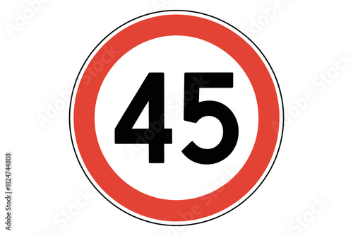 A speed limit sign displays the number 45 within a red circle.