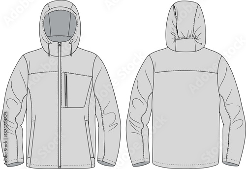 Jacket, vector, illustration, sketch, outline, fashion, gear, hooded, durable, ergonomic, structured, silhouette, layout, equipment, design, zipper, pocket, drawstring, accessory, garment