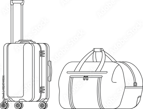 Luggage, vector, illustration, sketch, outline, travel, suitcase, duffel, gear, durable, ergonomic, structured, silhouette, layout, equipment, design, handle, accessory, wheel, zipper, portable