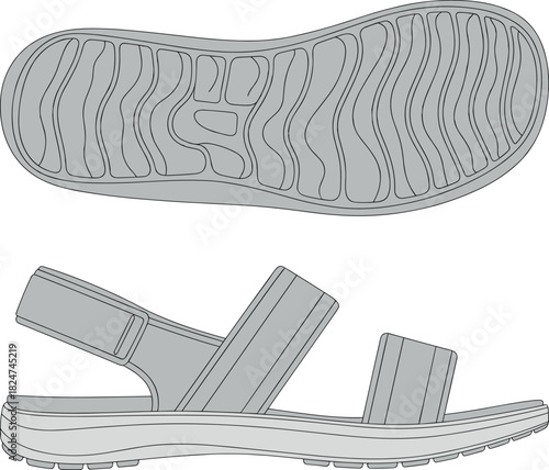 Sandal, vector, illustration, sketch, outline, footwear, fashion, sole, tread, strap, durable, ergonomic, structured, silhouette, layout, gear, design, comfort, accessory
