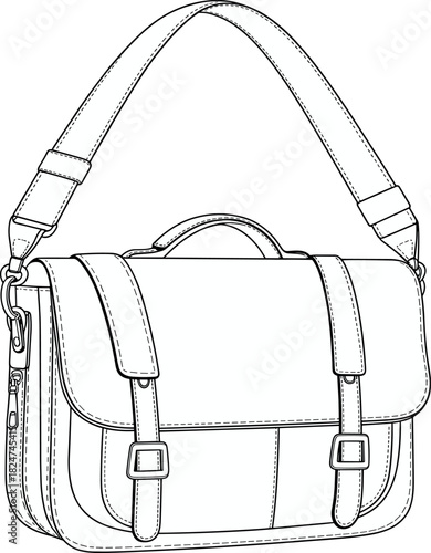 Satchel bag, vector, illustration, sketch, outline, fashion, gear, strap, durable, ergonomic, structured, silhouette, layout, equipment, design, pocket, handle, accessory, buckle