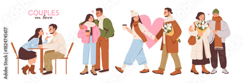 Cute couples in love enjoying romantic moments. Valentine's Day concept. Set of diverse couples dating, walking, hugging, and gifting flowers,  dressed in cozy winter outfits.