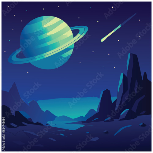 Alien landscape with glowing planet and meteor in starry night sky