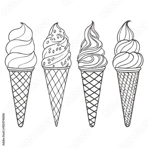 Four sketched ice cream cones stand neatly in a row, each a delectable treat