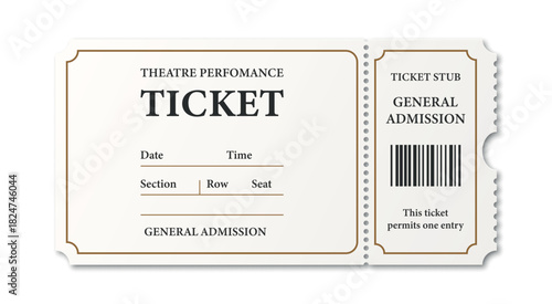 Vector Realistic Event Ticket Template. Retro Cinema or Theater Ticket Template. Movie, Performance, Festival Concept. Admission Pass, Classic Entertainment Vintage Ticket