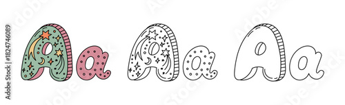 Decorative celestial letter A alphabet design with stars and moon
