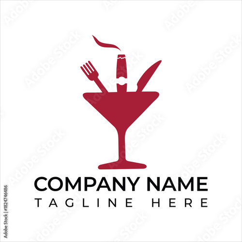Elegant Martini Glass Logo Design with Fork, Knife, and Cigar for Upscale Bar, Restaurant, or Catering Business Branding - Minimalist and Modern Style
