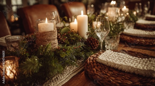 A warmly lit Christmas dinner table adorned with candles, pine branches, and rustic decor, creating a cozy holiday atmosphere.