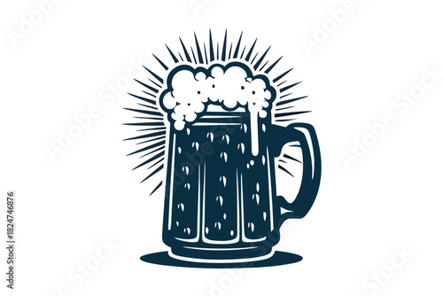 A blue beer mug with foam and light rays makes a bold statement