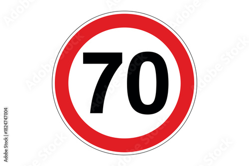 A circular red and white speed limit sign indicating 70.