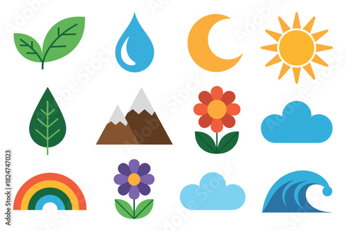 A collection of simple, flat design icons representing natural elements and celestial bodies.