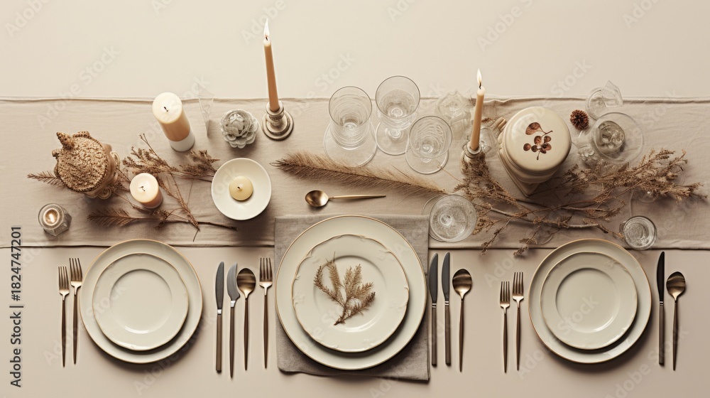 Fototapeta premium Elegant top-down view of a minimalist Christmas dinner table with candles, pine branches, and warm golden tones, arranged in a harmonious flat lay with soft lighting and high-detail textures.