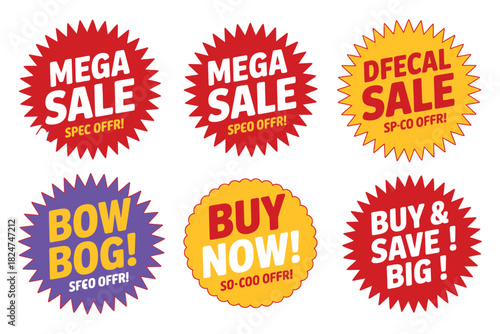 Six starburst sale discount tags advertising deals and special offers.