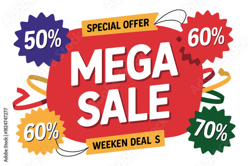 Mega sale weekend deals with special offer discounts and percentages.