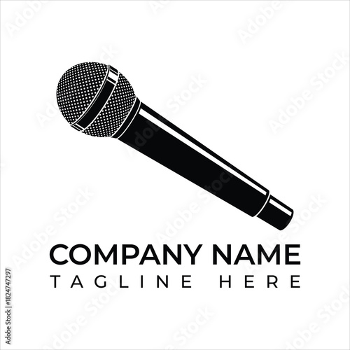 Powerful microphone logo template for music, podcasting or events, creating an eye-catching brand identity with customizable company name and tagline space
