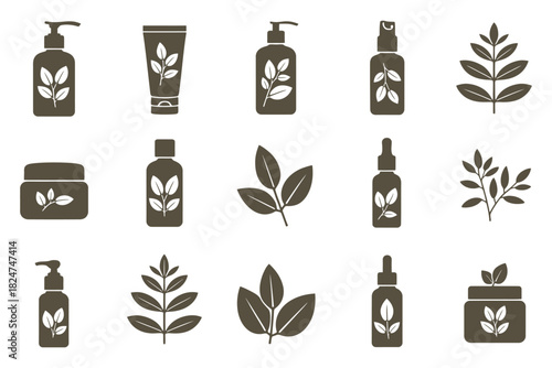 Collection of cosmetic bottles and leaves with a natural theme.