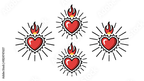 Flaming heart symbol pattern with radiant red hearts and fire flames on white background for love passion and romance concept illustration