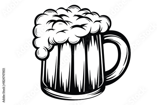 Black and white features a beer mug overflowing with frothy foam