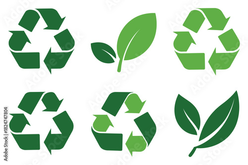 Recycling symbols and green leaves represent environmental protection and sustainability.