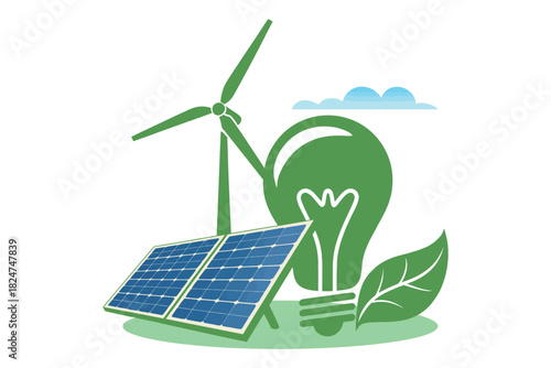 Renewable energy sources like solar panels and wind turbines power a light bulb.