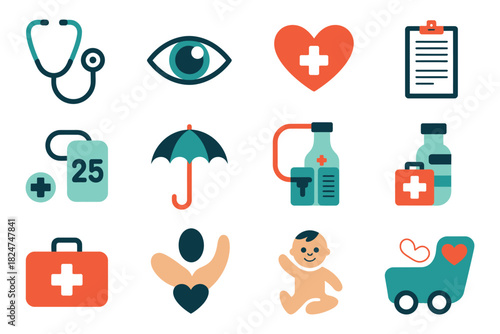 A collection of health and medical icons represents the healthcare industry.