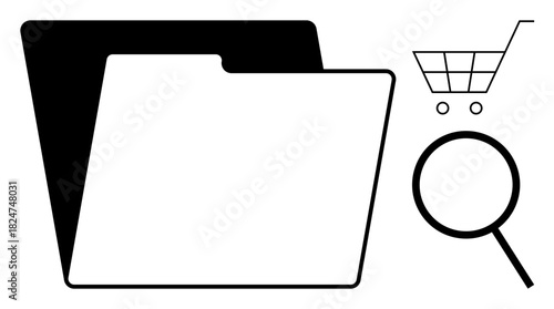 Black and white file folder, magnifying glass, and shopping cart signify data storage, research, shopping, and analysis. Ideal for business, research, e-commerce organization retail search