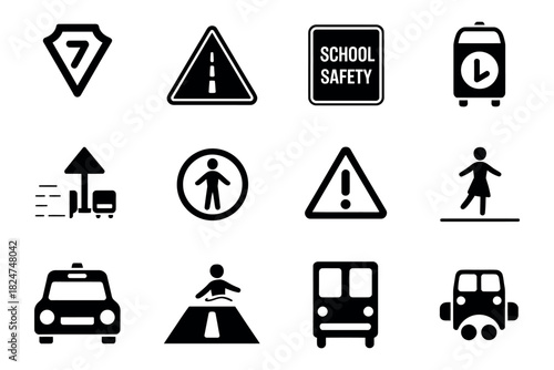 Collection of road safety and traffic symbols including warning signs and pedestrian crossings.