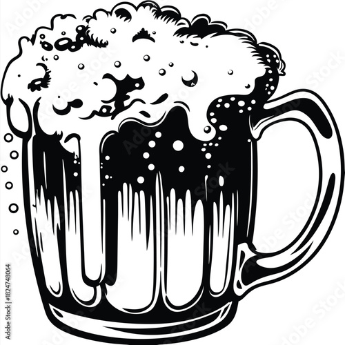 Black and white monochrome mug overflows with copious froth and effervescent bubbles