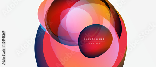 Abstract colorful circles overlap, creating dynamic visual effect. Gradient shades blend, forming modern background design. Smooth curves dominate composition.