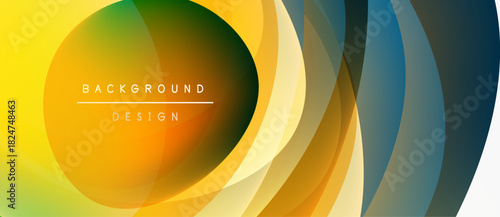 Abstract colorful layers create dynamic background. Yellow, orange, blue hues blend smoothly, forming curved shapes. Modern design element.