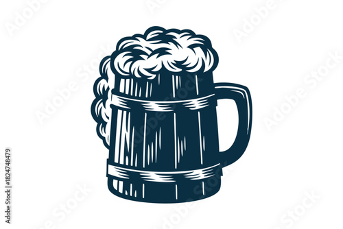 A wooden beer mug filled with frothy brew is featured against a white background