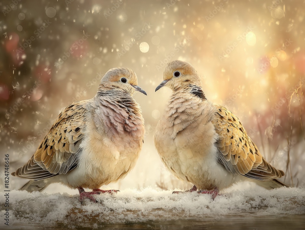 Obraz premium Two doves stand on snowy ground with a warm, glowing background during winter's serene twilight hour