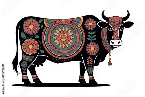 A decorative cow with floral patterns stands in profile against a white background.