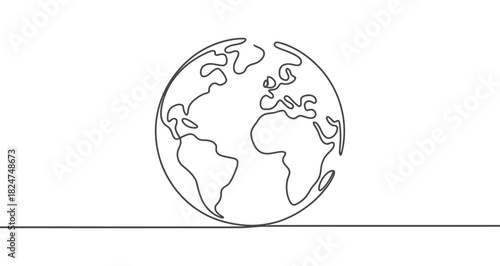 A continuous line drawing of the Earth on a white background.
