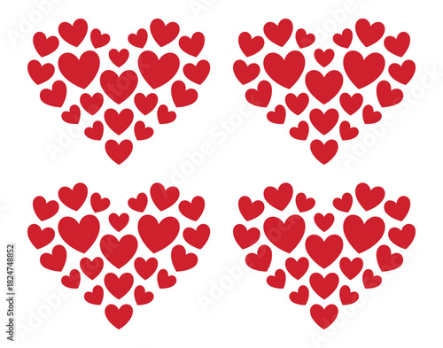 Four red heart shapes composed of smaller red heart shapes arranged in rows.