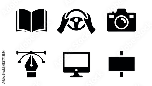 A collection of six distinct icons representing various activities and technology.