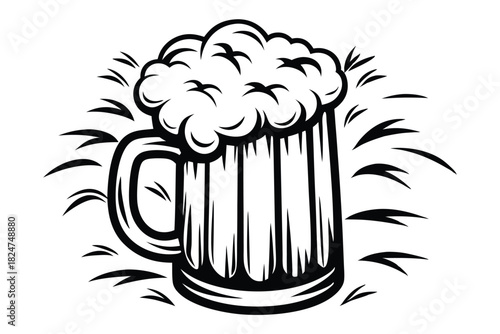 An overflowing mug of frothy drink is showcased in a stylized black outline format
