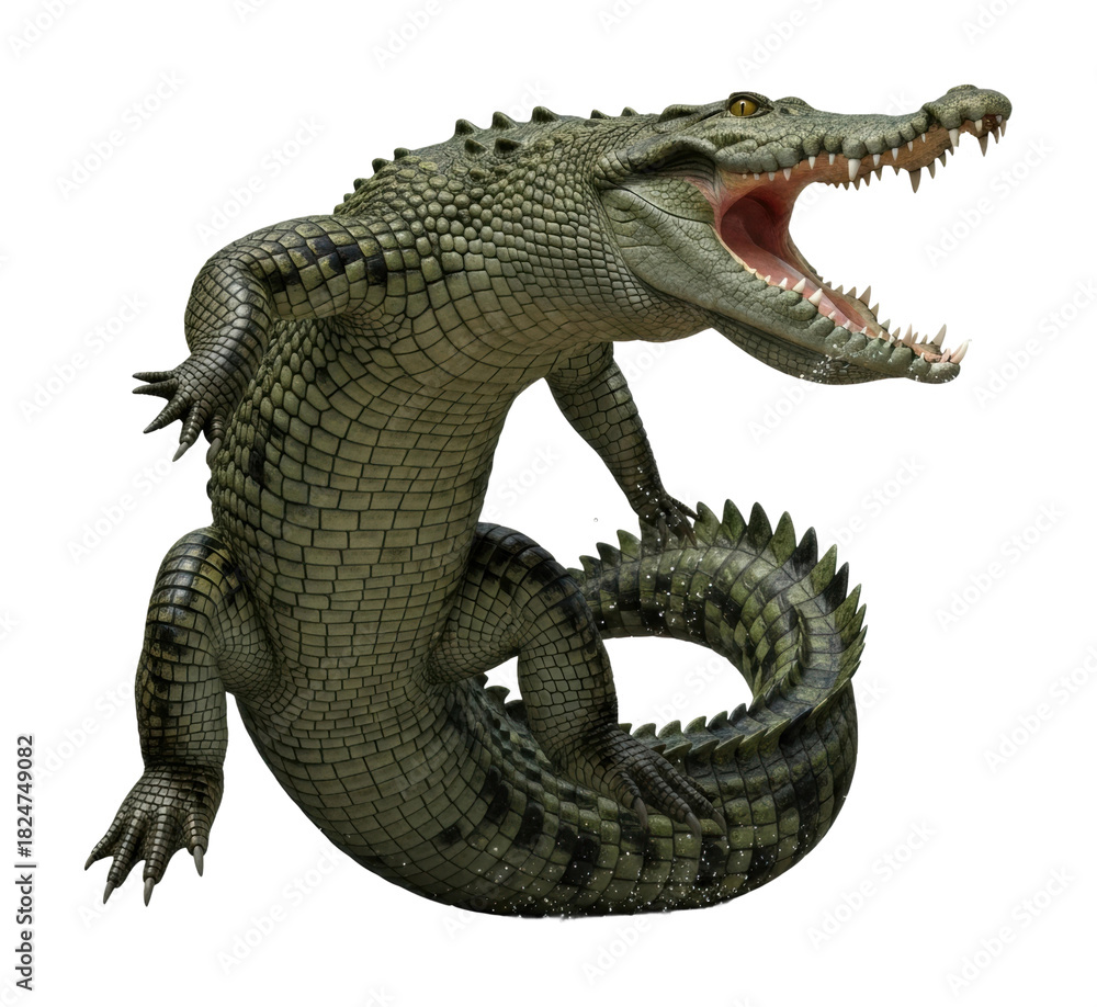 Fototapeta premium Crocodile attacking prey in wetland environment wildlife isolated on transparent background