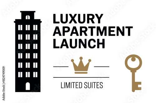 A graphic illustration announcing the launch of luxury apartments with limited suites available.