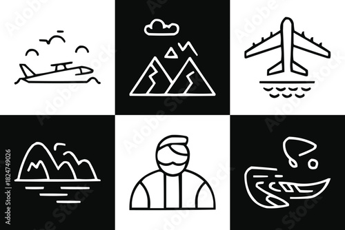 Aviation travel icons set with airplane pilot and mountain landscape in minimalist line style