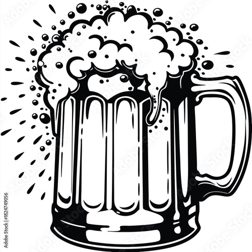 Black and white shows a beer mug overflowing with a frothy drink