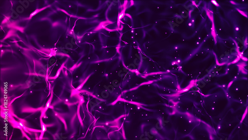 An abstract wave filled with pink-purple streams of light, reminiscent of stellar energy or the movement of plasma. The shimmering particles create a sense of galactic space, where each flash is a